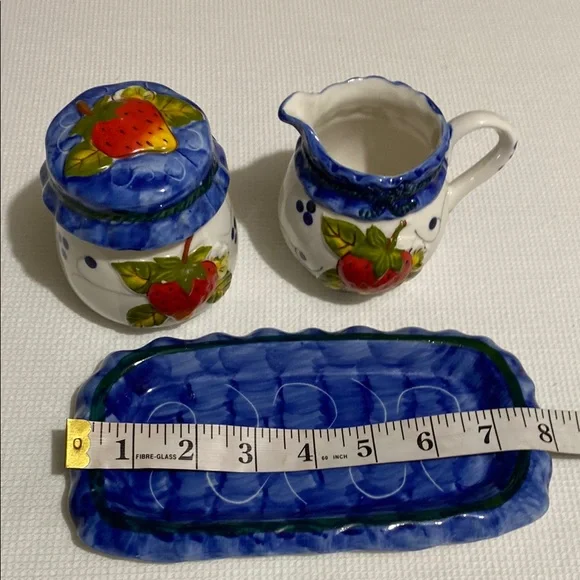 Vintage Strawberry Creamer, Sugar Bowl w/ Lid and Tray Set - Picture 9 of 10